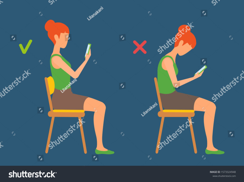 stock vector a girl sits on a chair bent and straightened reading the phone correct and incorrect sitting 1573324948